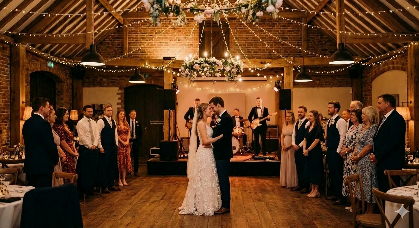 Brautpaar tanzt den Hochzeitstanz in begleitung von einer Liveband