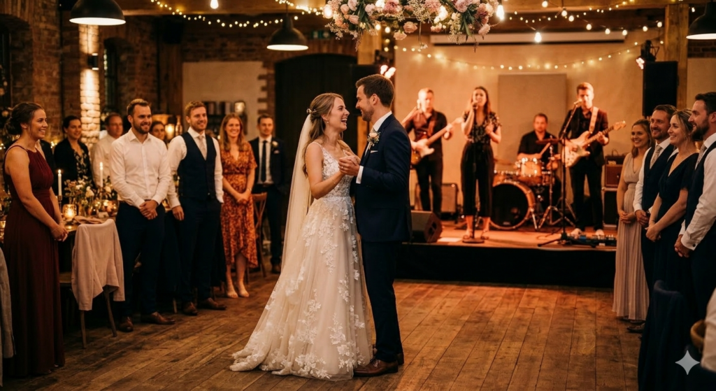 Brautpaar wird beim Hochzeitstanz von einer Liveband begleitet